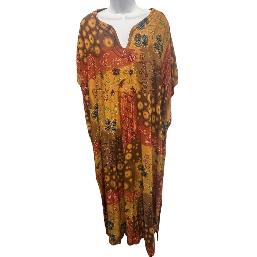 Simply Basic Womens OSFM Batik Patchwork Kaftan Dress Brown Orange Rayon Maxi